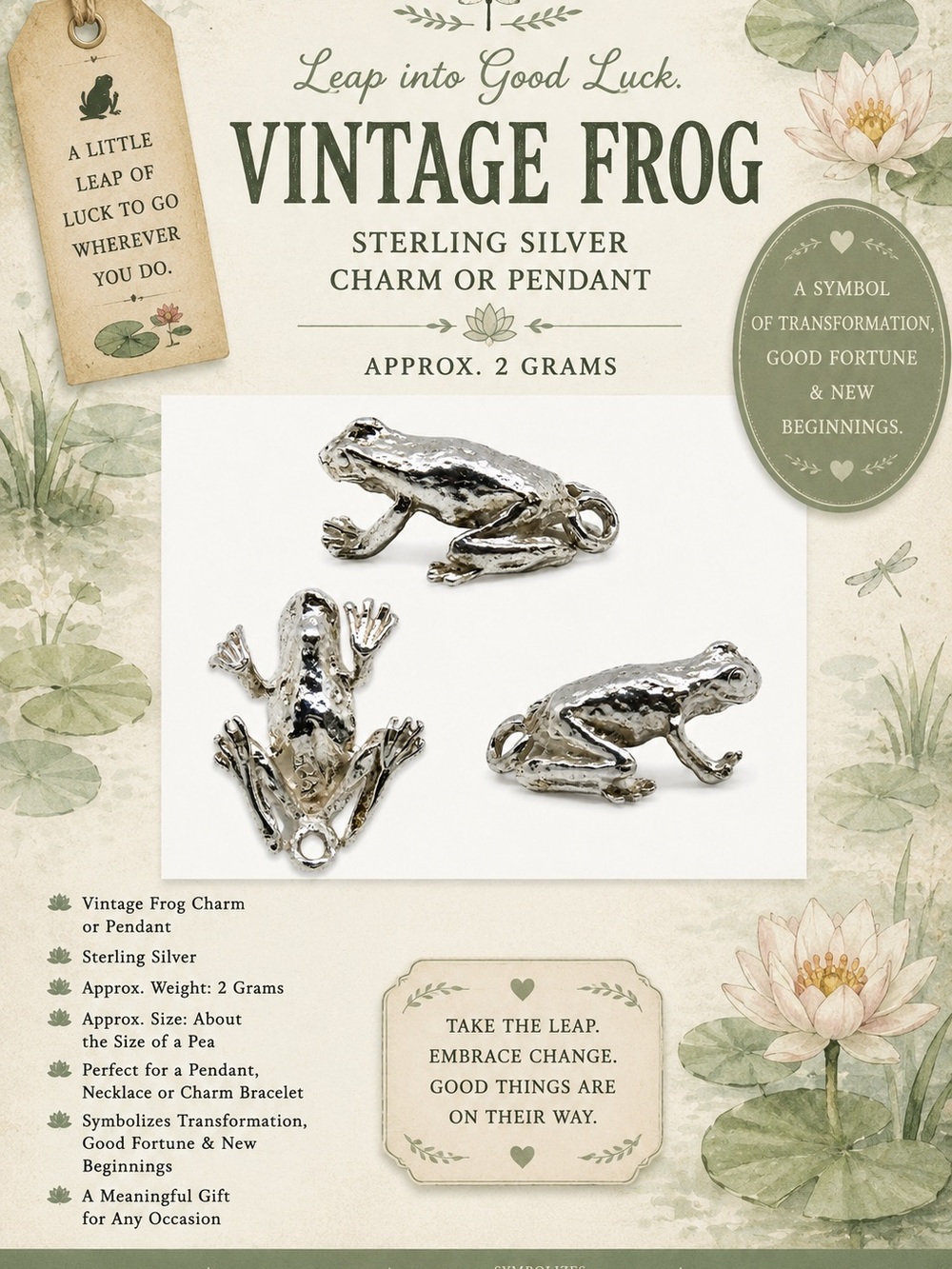 Vintage Sterling Silver Frog Charm Pendant